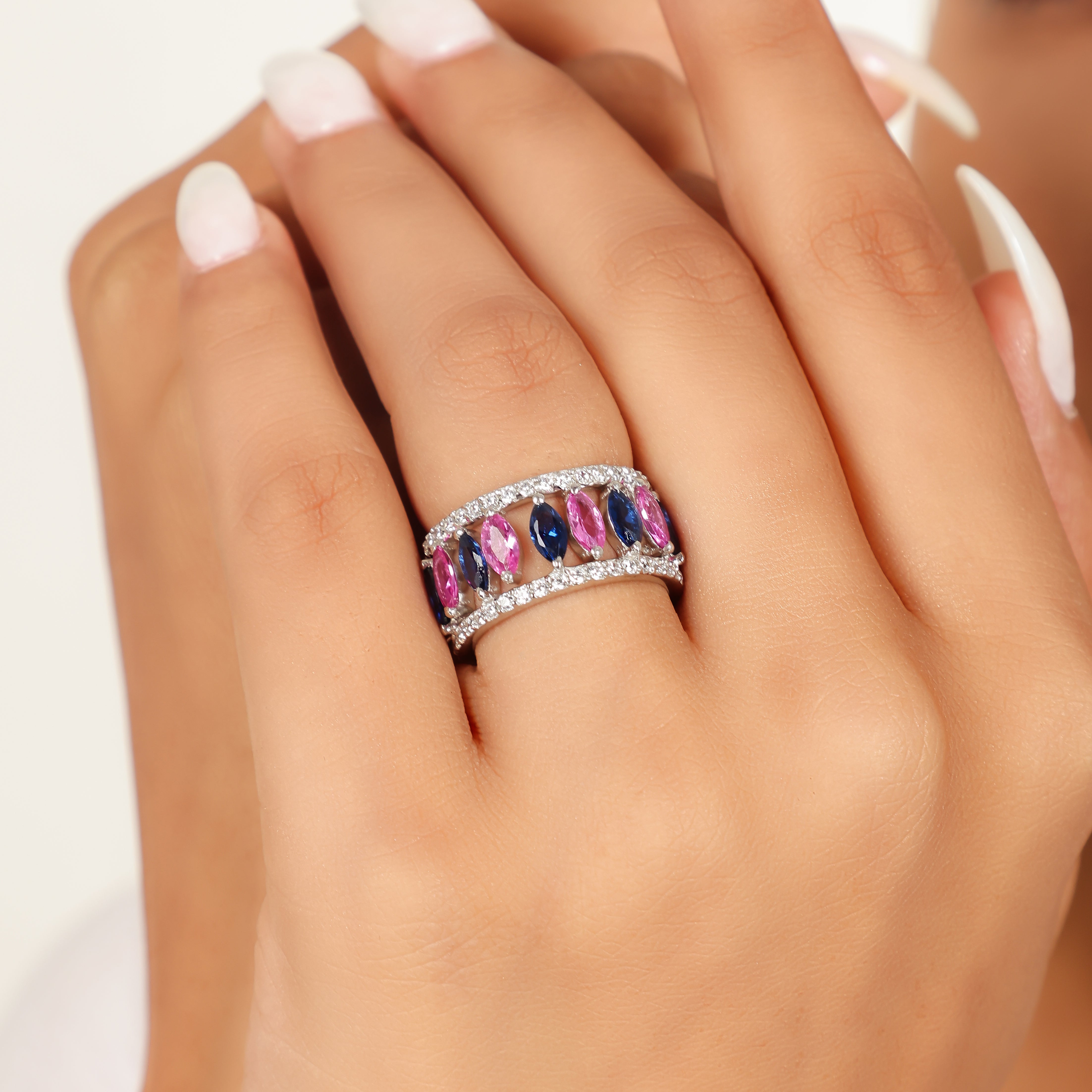 Multi Gemstone Wide Wedding Band, Hallmarked 925 Sterling Silver